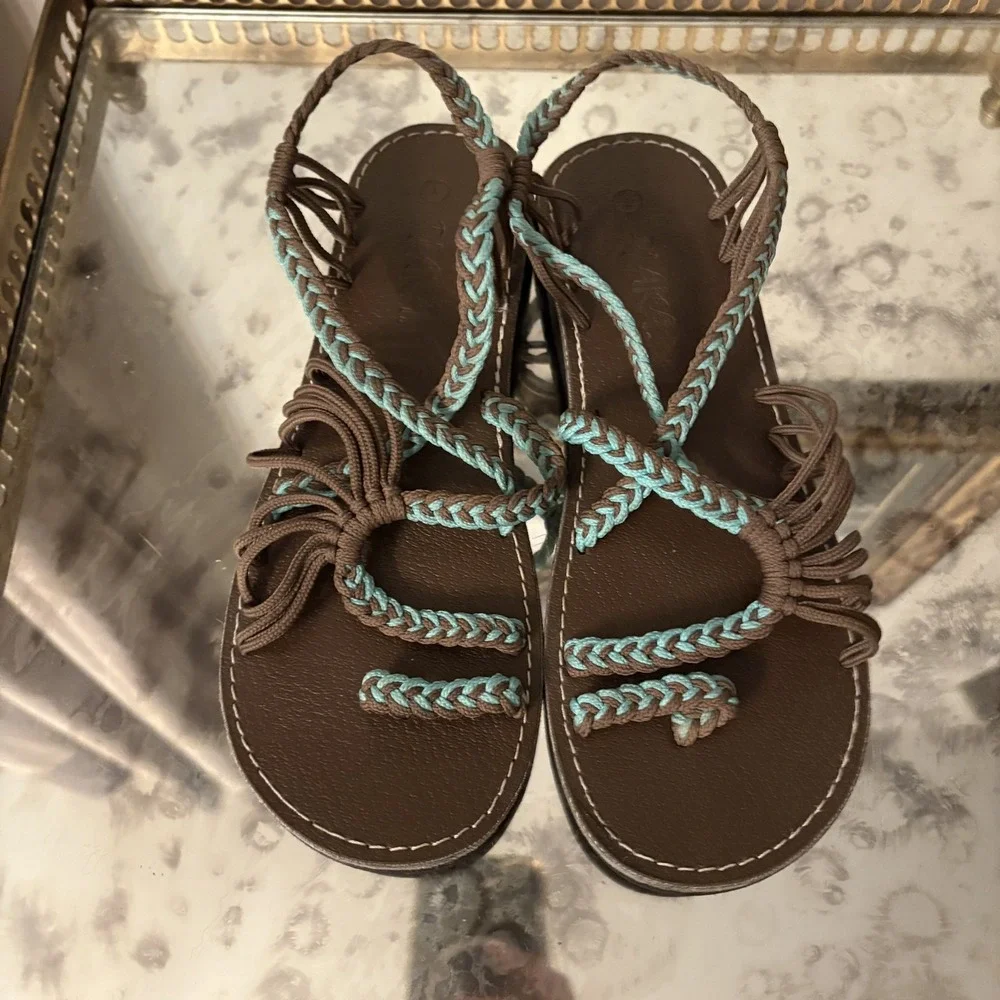 Plaka Palm Leaf Sandals Womens Size 9 Braided Rope Flat Shoes Beach Casual Summe